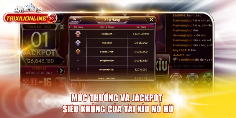 Mức thưởng và jackpot siêu khủng của Tài Xỉu nổ hũ